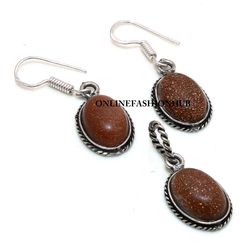 Anti Anxiety Goldstone Gemstone Silver Plated Designer Earring & Pendant Set, Brass Plated Set, Ethnic Jewelry For HER