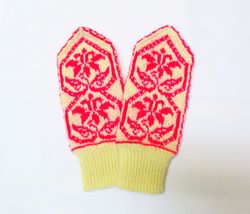 Women wool mittens with flowers and hearts hand knitted warm Norwegian winter mittens merino wool Christmas gift for Her