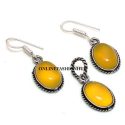 Gorgeous Yellow Onyx Gemstone Silver Plated Designer Earring & Pendant Set, Brass Plated Set, Ethnic Jewelry For HER