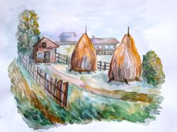 painting landscape, village, nature, houses, countryside, illustration, poster