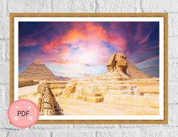 Cross Stitch Pattern ,Full Coverage, Sunset On Great Sphinx and Pyramid , Giza Egypt ,Pdf,Instant Download