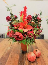 Large Silk Flower Arrangement, Red Silk Floral Centerpiece in vase, Red flowers table decor, Faux flowers centerpiece