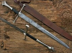 33 Inches Handmade Damascus Steel Double Edge Anduril Replica Sword, Decoration Piece, Gladius With Leather Sheath