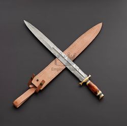 New Empire Customized Hand Forged Damascus Steel Double Edge Hunting Sword 28 Inches Battle Ready With Leather Sheath
