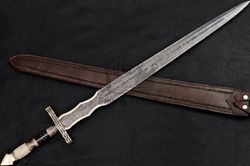 New Empire 35 Inch Hand Forged Damascus Steel Sword, Double Edge Medieval Sword, Battle Ready With Leather Sheath