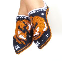 Sheep wool Norwegian Home Slippers with Foxes Hand Knitted Scandinavian Slipper Socks Christmas Gift for Animal Lovers