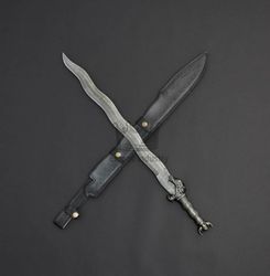 28'' Kris Blade Custom Handmade Damascus Steel Double Edge Sword, Flamberge Sword Battle Ready Sword With Leather Sheath