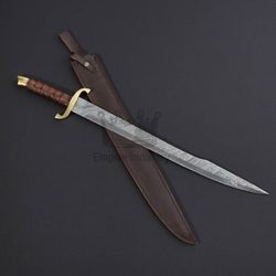 Beautiful Custom Handmade Damascus Steel 32 Inches Falchion Sword, Battle Ready Sword With Leather Sheath Gift For Him