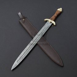 Beautiful Custom Handmade Damascus Steel Double Edge 28 Inches Viking Sword, Battle Ready Sword With Leather Sheath,