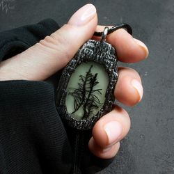 Forest jewelry, moss resin necklace, resin nature pendant, foggy forest.