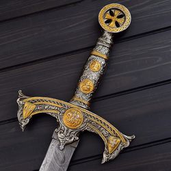 CUSTOM HANDMADE DAMASCUS STEEL  KNIGHTS TEMPLAR SWORD WITH LEATHER SHEATH, WEDDING GIFT SWORD, BIRTHDAY GIFT FOR MENS