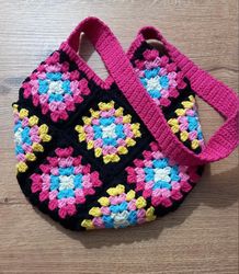 Crochet Granny Square Tote Bag, Crochet Patchwork Bag, Crochet Tote Bag, Crochet  Bag