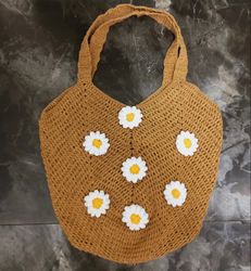 Crochet Daisy Tote Bag, Crochet Patchwork Bag, Crochet Tote Bag, Crochet Daisy Bag