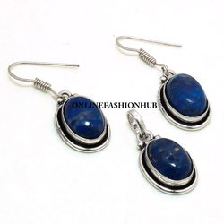 Natural Lapis Lazuli Gemstone Silver Plated Bezel Earring & Pendant Set, Brass Plated Set, Trendy Jewelry For Positivity