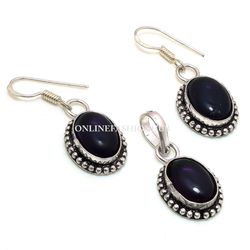 Offer Natural Amethyst Gemstone Silver Plated Designer Earring & Pendant Set, Brass Plated Set, Traditional Jewelry