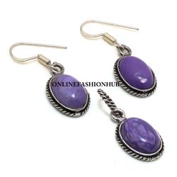 Lovely Charoite Gemstone Silver Plated Designer Earring & Pendant Set, Brass Plated Set, Attractive Jewelry For HER