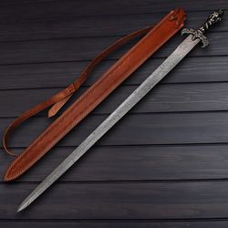 handamde Damascus steel sword, hand forged sword, custo made Viking sword with leather sheath