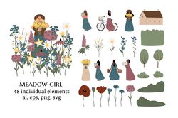 wildflower woman illustration clipart, vector cottagecore landscape clip art, png ai svg girl images in flat style