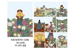 wildflower woman illustration card clipart, cottagecore country landscape print clip art, vector girl images in flat