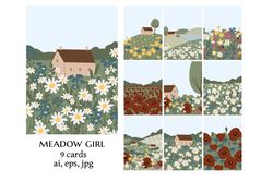 wildflower background clipart, cottagecore country landscape illustration, printable card clip art, vector images