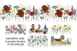 wildflower border clipart, cottagecore woman illustration, vector seamless border clip art, png ai images in flat