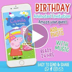 Peppa Pig party invitation For Girl, Video invitation, Animated invitations, Girl Birthday Invitation, Peppa Pig party