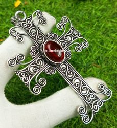 Amazing Red Garnet Gemstone Cross Vintage Pendant, Cross Jewelry For Positivity, Dainty Protective Cross Jewelry