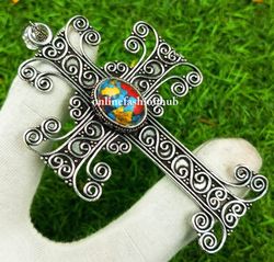 Mosaic Jasper Gemstone Cross Vintage Pendant, Cross Jewelry For Good Energy, Dainty Protective Cross Jewelry For Friends
