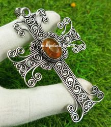 Baltic Amber Gemstone Cross Vintage Pendant, Cross Jewelry For Good Energy, Dainty Protective Cross Jewelry For Friends