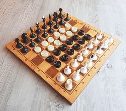Plastic chess checkers set & wooden chessboard Soviet chess set vintage