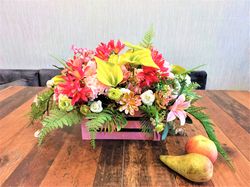 Silk Floral Centerpiece, Roses and calla lilies arrangement, Country style arrangement, Pink and green faux flower decor