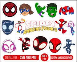 30 Spidey, Amazing Friends svg and png, clipart, eps, png, dxf, pdf, Miles Morales, Spider Gwen, Hulk, Black Panther, La