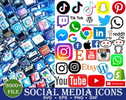 3000 Social Media SVG MEGA Bundle 1.0 Digital Dowload,,Tiktok Cricut Svg, Social Media Icons Svg, Social Network Icons,