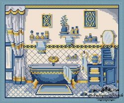 Antuque Blue Bathroom Vintage Cross Stitch Pattern PDF miniature embroidery interior Compatible Pattern Keeper