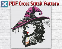 Witch Cross Stitch Pattern / Halloween Hat Cross Stitch Pattern / Spider Web Instant PDF Cross Stitch Chart / Woman Hat