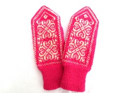 Winter mittens women's hand knitted Norwegian snowflake mittens pink white mittens of merino wool Christmas gift for Her