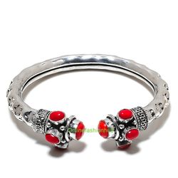 Red Coral Gemstone Hathipada Traditional Bangle , Indian Bangle Jewelry, Silver Plated Gemstone Royal Look Bangle