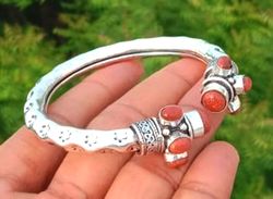 Red Sunstone Gemstone Hathipada Traditional Bangle, Indian Bangle Jewelry, Silver Plated Gemstone Royal Look Bangle