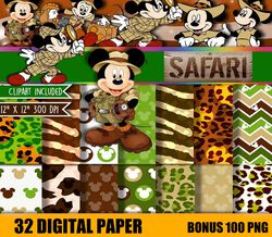 32 Digital Paper Mickey Safari Clipart PNG, 100 Mickey Safari Digital Download