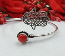 1 PC Red Coral Gemstone One Stone Cuff Hamsa Bangle, Good Energy Adjustable Bangle Jewelry, Bangle for Women Jewelry