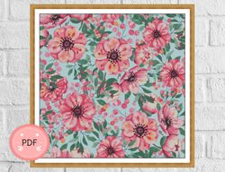 Flower Cross Stitch Pattern , Pdf Instant Download , Floral Pattern , Pink Flowers,Full Coverage