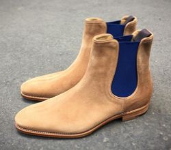 Men's Handmade Beige Suede Chelsea Ankle Dress Boots