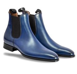 Men's Handmade Blue Leather Ankle Chelsea Boots