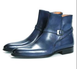 Men's Handmade Blue Leather Buckle Strap Ankle Jodhpur Boots