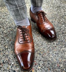 Men's Handmade Brown Patina Leather Oxford Toe Cap Lace Up Dress Shoes