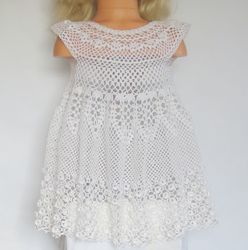White Christening Dress Crocheted Baby Girl Victorian Baptism Dress Handmade Wedding Lace Dress with 3 D Flowers