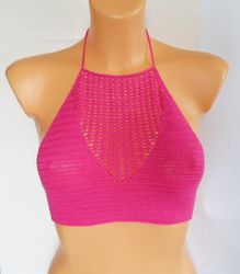Crochet Lace Bikini Swimsuit Pink Two Piece High Waist Bikini Set Women's Handmade Sexy Swimsuit Gift for Her