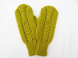 Chartreuse mittens hand knit unisex adult mittens with braided cables warm winter mittens of merino wool Christmas gift