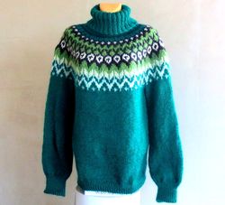 Mohair Icelandic Sweater Lopapeysa Hand Knitted Adult Sweater with Patterned Round Yoke Seamless Turtleneck Pullover
