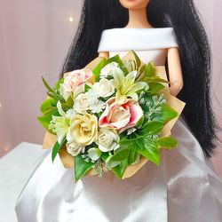 Miniature pink wedding bouquet of flowers for a doll in scale 1:6, Miniature flowers for dollhouse decoration